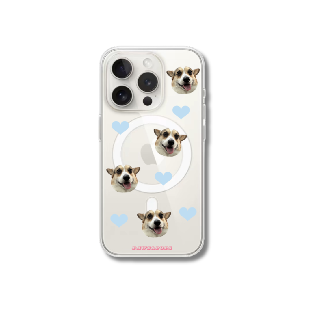 Phone case with dog faces and blue hearts on a white background