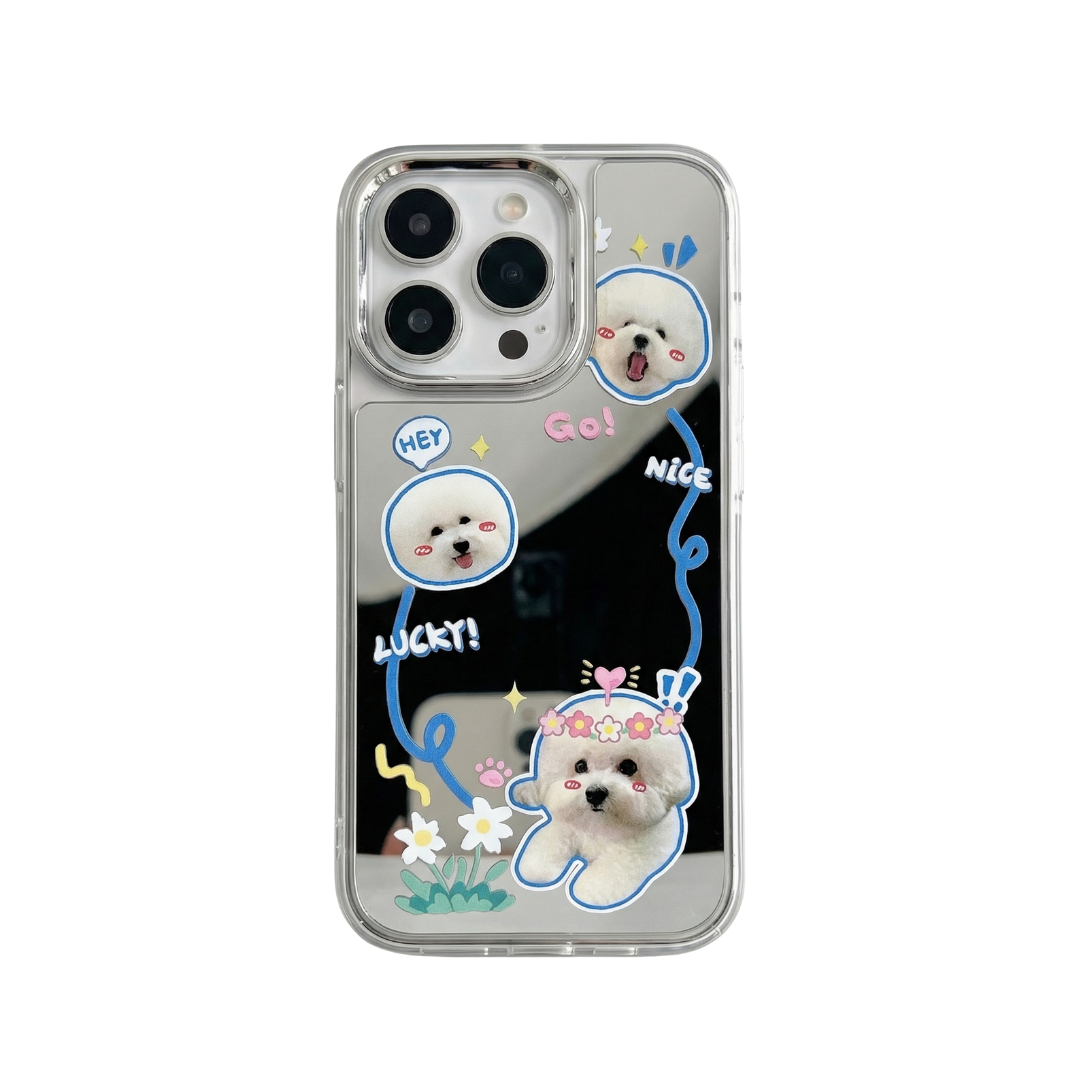 Phone case with cartoon dog illustrations and text on a white background