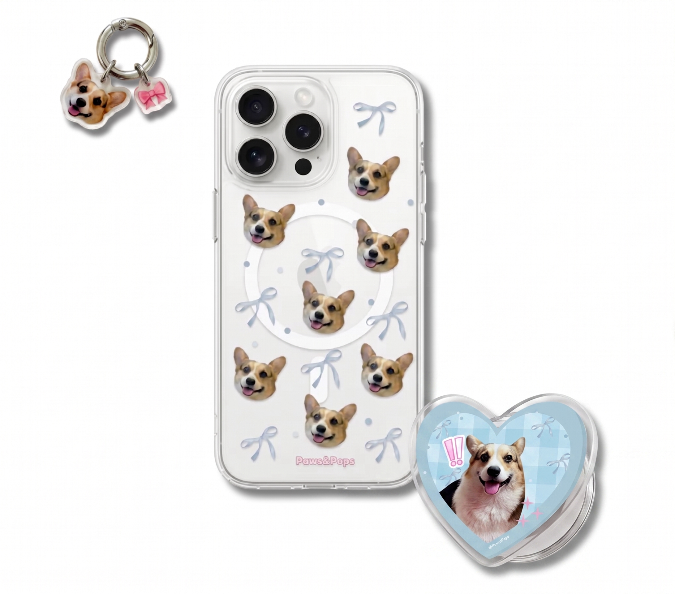 Phone case with corgi designs, phone charm, and heart-shaped pop socket on a white background