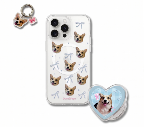 Phone case with corgi designs, phone charm, and heart-shaped pop socket on a white background