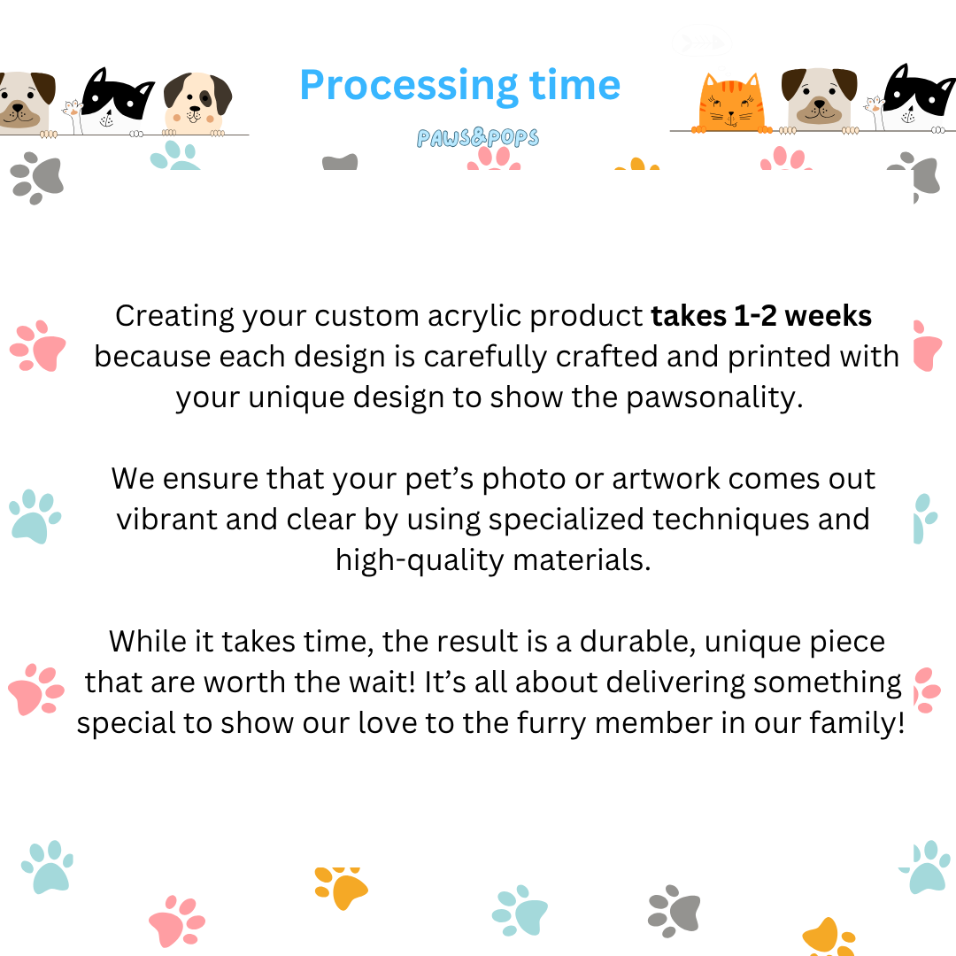 Text explaining processing time for custom acrylic products with paw-themed graphics.