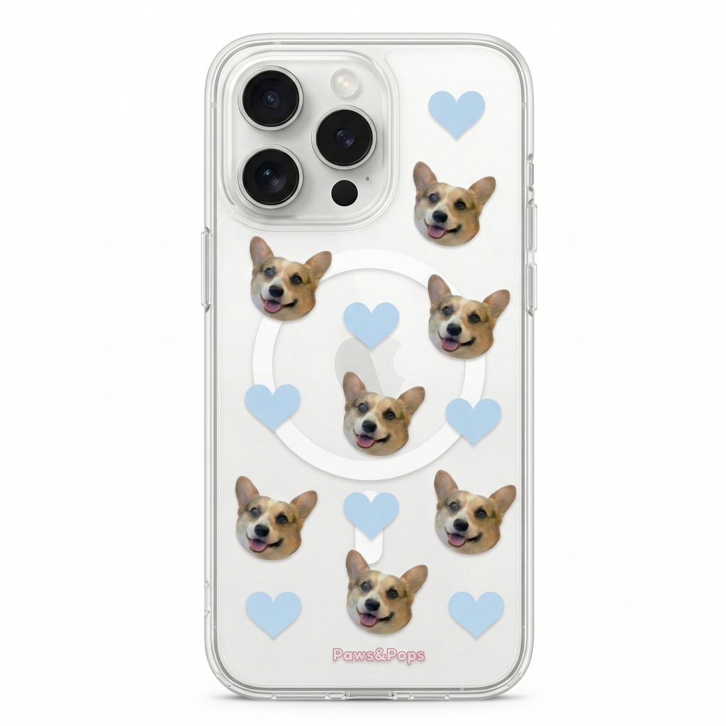 Phone case with a corgi dog face and blue hearts on a white background