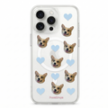 Phone case with a corgi dog face and blue hearts on a white background
